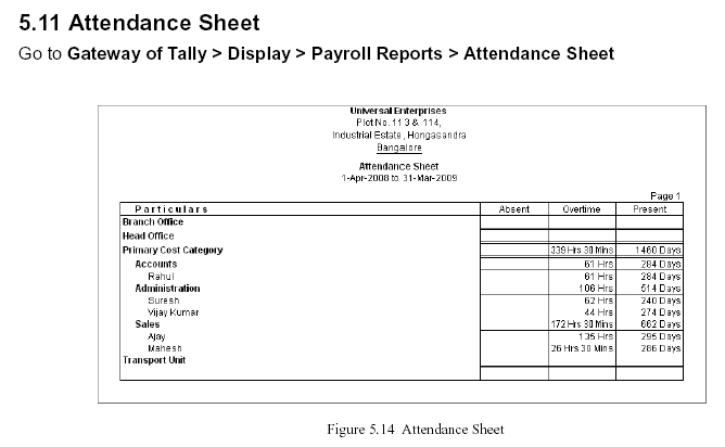 ' Attendance Sheet' Report @ Tally.ERP 9